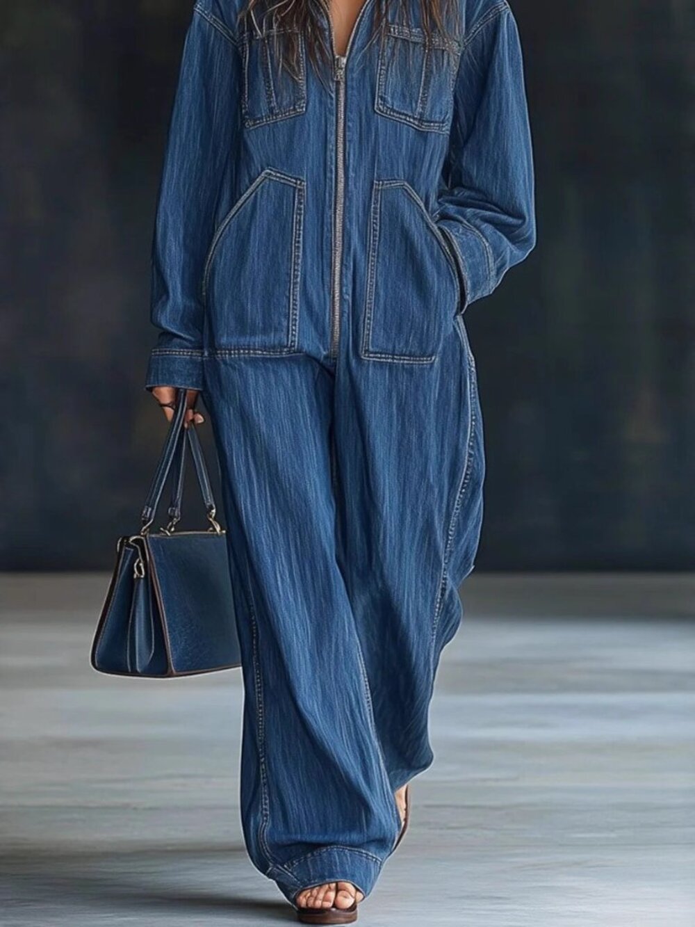 Women’s Long Sleeve Straight Leg Jumpsuit S–2XL – Casual Wide Waist One Piece Ou - Picture 2 of 3